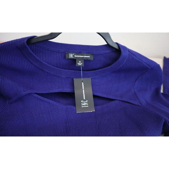 INC International Concepts Women's Sz M Blue Ribbed Cutout Crewneck Sweater - Picture 3 of 7